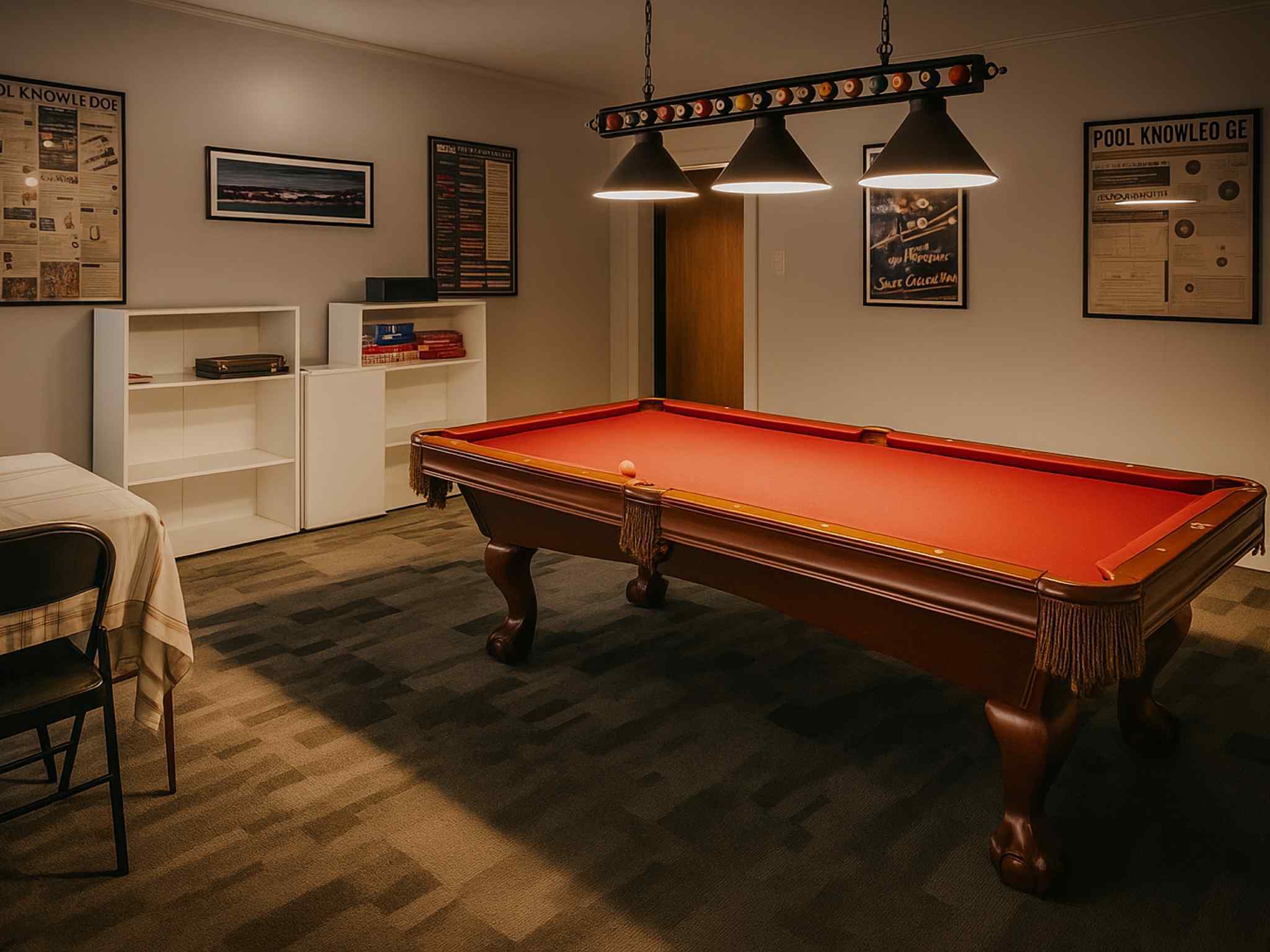 A red-felt pool table sits in the center of a carpeted room with wall art, a ceiling light fixture, white shelving units, and a table with a folded chair.