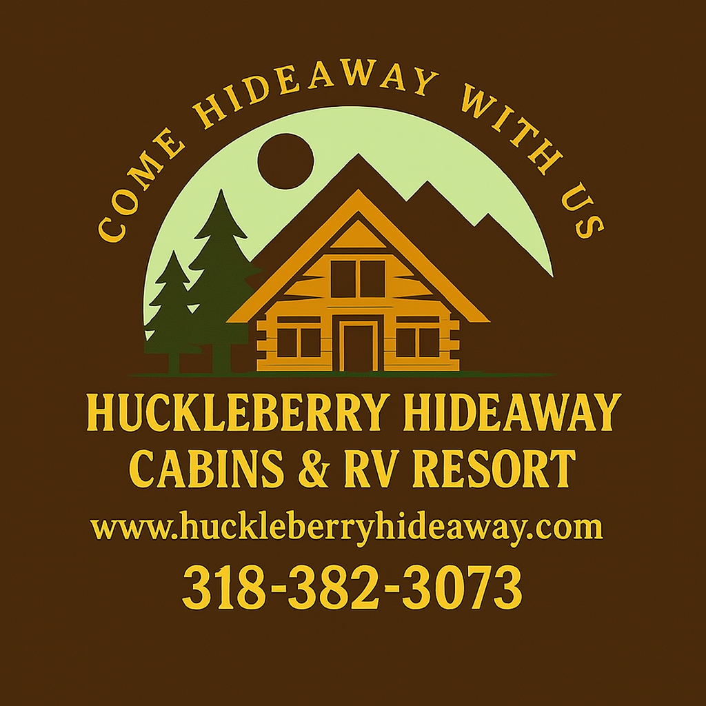 Logo for Huckleberry Hideaway Cabins & RV Resort featuring a cabin, trees, mountains, and contact details including website and phone number. Text reads, "Come Hideaway With Us.